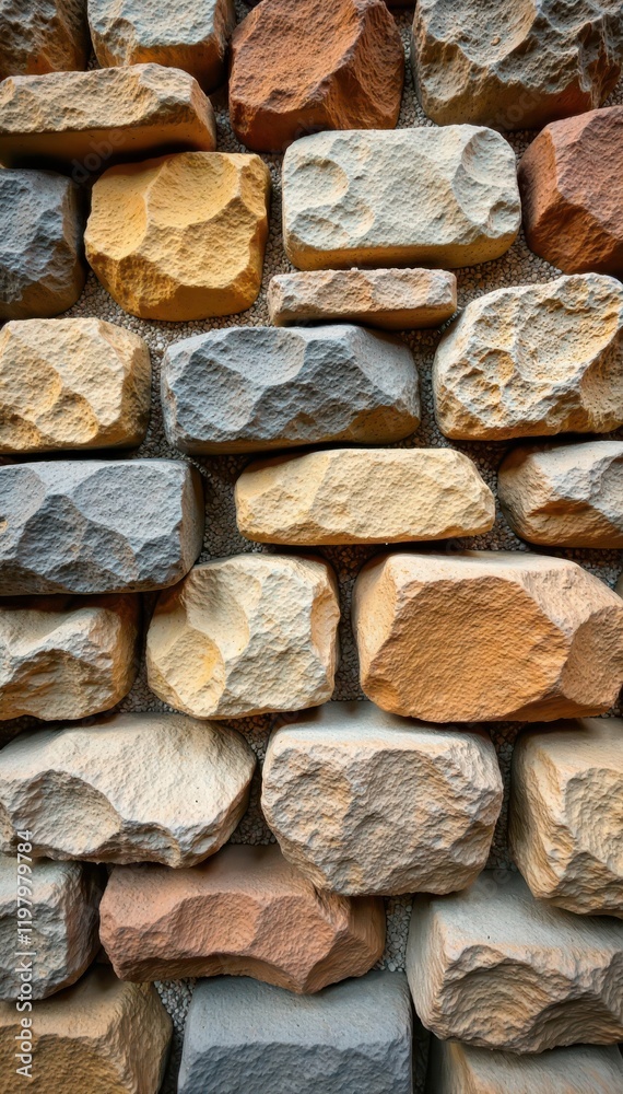 Rustic stacked stone wall, irregular shapes, earthy tones, exterior, surface, landscape Rustic stacked stone wall, irregular shapes, earthy tones, exterior, surface, landscape