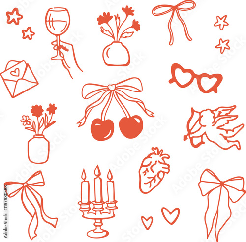 A set of simple icons for Valentine's Day. Doodle icons Cupid, hearts, wine, bows, cherry.