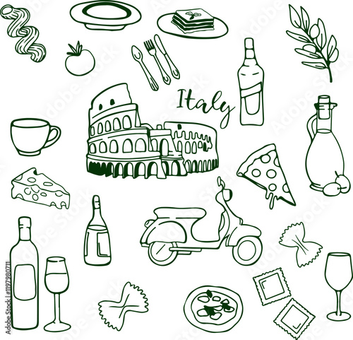 A set of simple icons on the theme of Italy. Doodle icons of pizza, pasta, collision, wine, olive oil, olives, tomato and motorcycle.