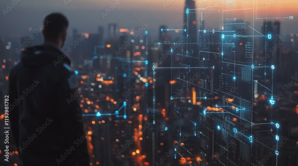 Fototapeta premium abstract, business, team, stands, peak, success, Abstract business man stands on the peak of success amid tall, innovative Smart city and graphs with statistics to analyze business potential and predi