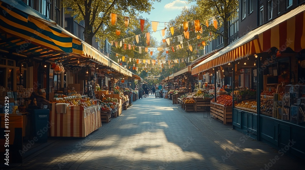 Sunny street market, festive flags, fruit stalls, city background, tourism
