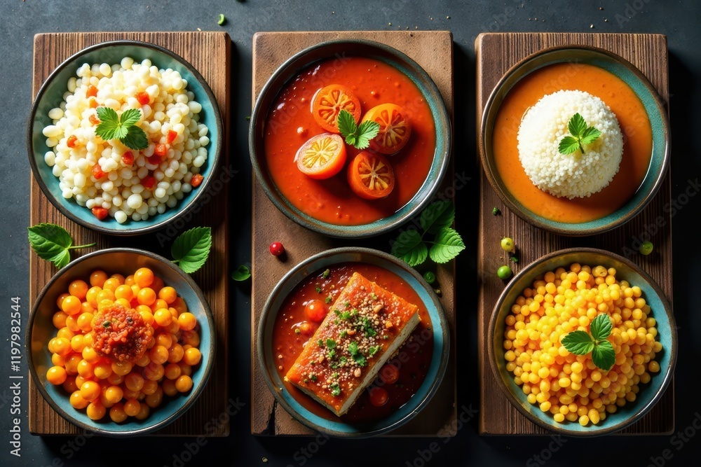 Vibrant dishes from around the world displayed on wooden planks, international cuisine, flags, food stalls Vibrant dishes from around the world displayed on wooden planks, international cuisine, flags, food stalls