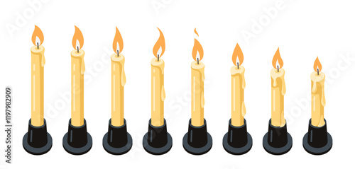 Candle flame for animation. Vector fire burning. Animated candlelight sprite sheet. Sequence of wax flickering candlesticks for games, videos, GIFs. Set of different icons on white background.