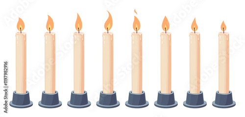 Candle flame for animation. Vector fire burning. Animated candlelight sprite sheet. Sequence of wax flickering candlesticks for games, videos, GIFs. Set of different icons on white background.