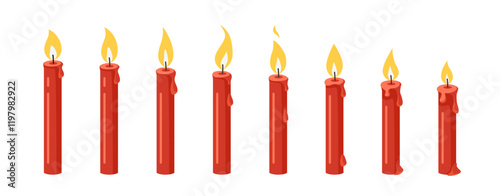Candle flame for animation. Vector fire burning. Animated candlelight sprite sheet. Sequence of red wax flickering candlesticks for games, videos. Set of different icons on white background.