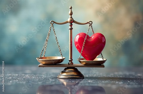 Balancing emotions and decisions with scales and a heart symbolizing love and justice