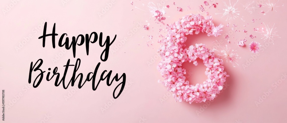 Naklejka premium Happy 6th Birthday Floral Number Six Pink Background Stock Photo