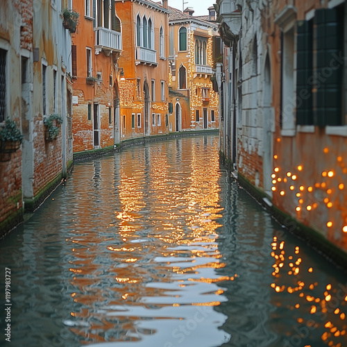 Tranquil view of a Venetian canal lined with charming buildings reflecting in the water, illuminated by warm lights
