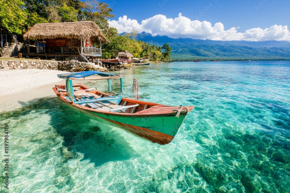 A small island surrounded by calm waves, with crystal-clear water revealing coral reefs below A small island surrounded by calm waves, with crystal-clear water revealing coral reefs below