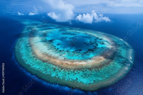 A small island surrounded by calm waves, with crystal-clear water revealing coral reefs below