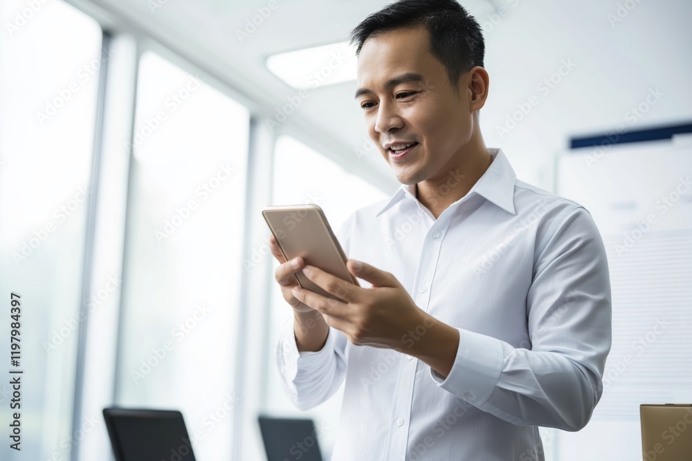 Man using a mobile phone in a modern office space during daylight hours Man using a mobile phone in a modern office space during daylight hours