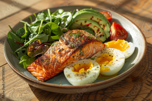 Grilled salmon fillet served with soft-boiled eggs, avocado slices, cherry tomatoes, and mixed greens on a ceramic plate in natural light