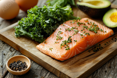 Fresh salmon fillet with herbs on a wooden board, accompanied by kale, avocado halves, eggs, and black pepper in a rustic kitchen setting