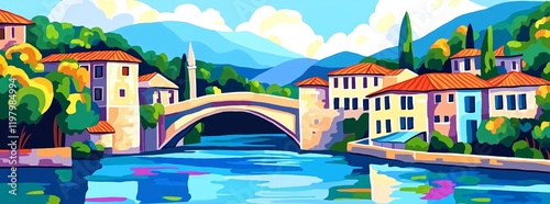 The historic town of Mostar, known for its iconic Old Bridge (Stari Most), located in Bosnia and Herzegovina. photo