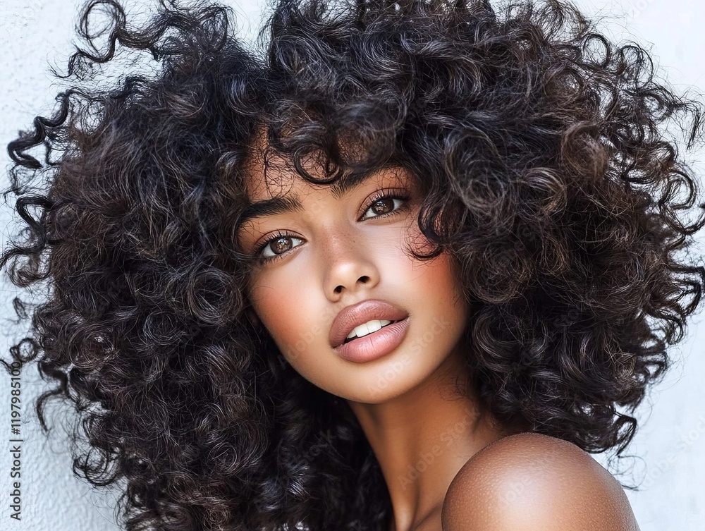 Fototapeta premium Beautiful young woman with voluminous curly hair.