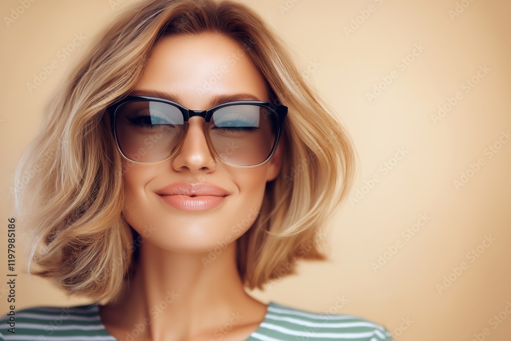 Trendy young blonde woman in cool sunglasses poses against a beige backdrop showcasing modern fashion style Trendy young blonde woman in cool sunglasses poses against a beige backdrop showcasing modern fashion style