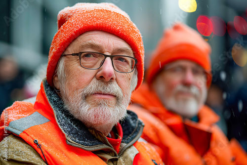 Elderly man in orange winter gear in snowy urban setting photo