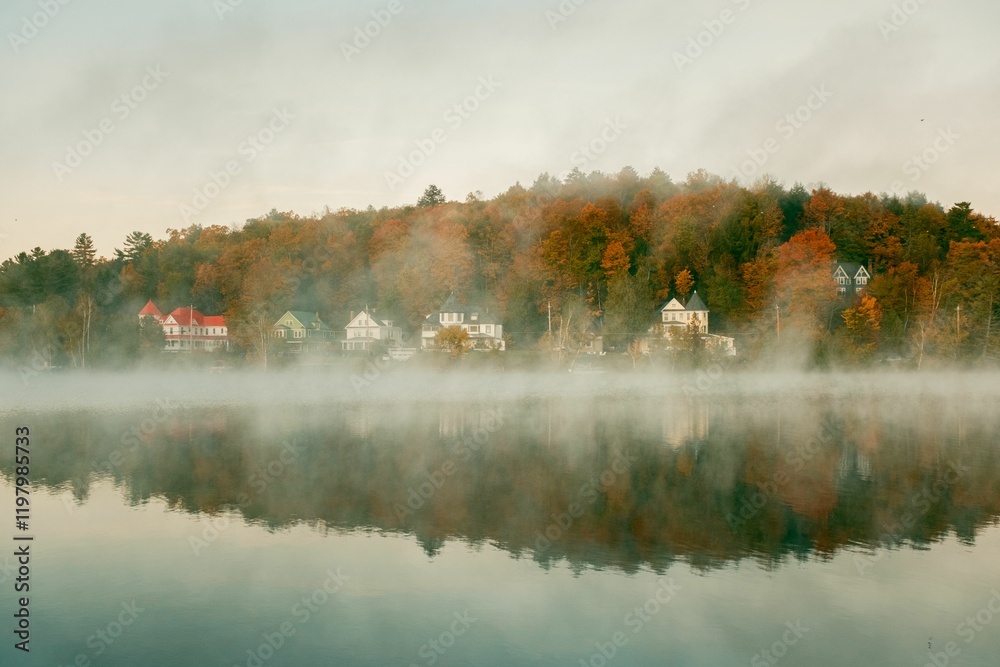 Morning fog and autumn color on Saranac Lake in the Adirondack Mountains, New York