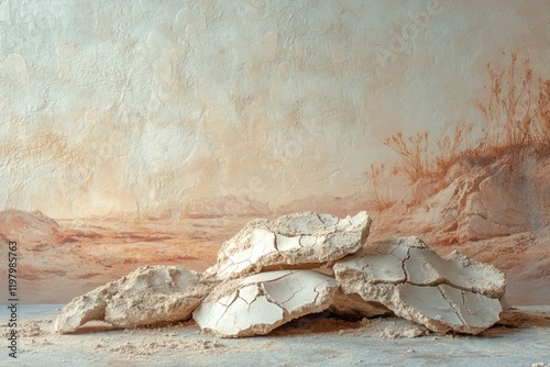 Cracked clay formations resembling a desert landscape, artistic still life. photo