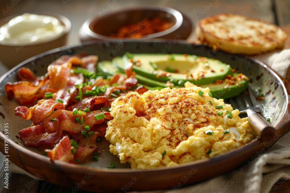 Scrambled eggs, crispy bacon, avocado slices, and chives served on a rustic plate for a hearty breakfast Scrambled eggs, crispy bacon, avocado slices, and chives served on a rustic plate for a hearty breakfast