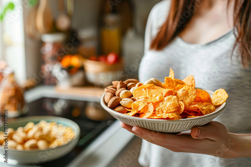 Woman holding a bowl of assorted snacks, including chips and mixed nuts, in a cozy kitchen setting with natural light