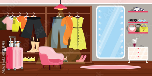 Vector illustration of the interior of a clothing store. Cartoon scene of a wardrobe with women's, men's, sportswear, shoes, accessories, suitcase, chair, lamp, mirror, bedside table, shelves, carpet.
