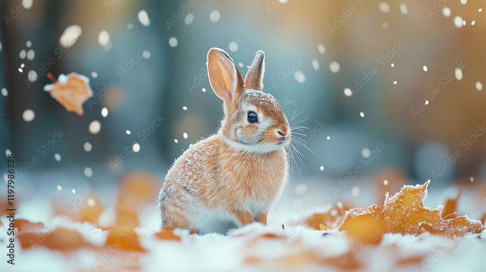 Gray rabbit sitting among orange fallen leaves in snow. Wildlife, nature concept. Image for banner, greeting card with copy space.