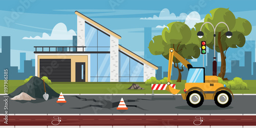 Vector illustration of road reconstruction works.Cartoon scene of cityscape with repair of cracks in asphalt, excavator, shovel, piles of rubble, gravel, bike path, houses, traffic light, street lamp.