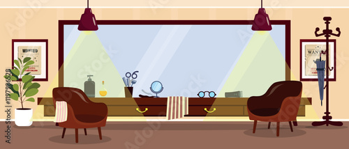 Vector illustration of stylish interior of hair salon. Cartoon scene of hair salon with big mirror, chairs, trimmer, scissors, brushes,cosmetics,towels,glasses,flowerpots,posters,hanger with umbrella.
