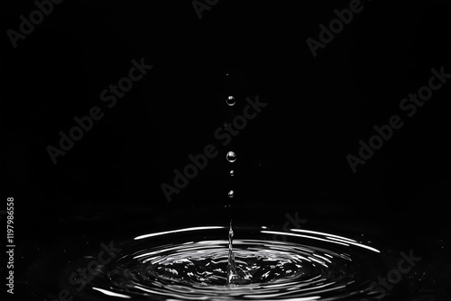 Water droplet splashing into surface against dark black background.