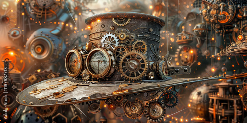 Steampunk top hat adorned with gears, clocks, and intricate mechanical details, surrounded by glowing lights and a futuristic industrial background