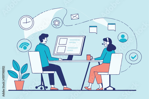 Modern office setting, video conference call, two coworkers at desk, large computer monitor, remote collaboration, digital workspace, flat illustration style, pastel colors, blue background, minimalis