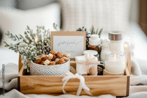 A welcoming gift basket filled with local treats, a handwritten card, and decorative ribbons placed in a cozy guest room