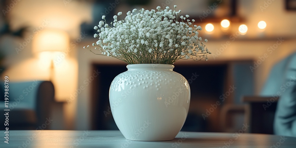 White flowers in vase, cozy living room. Home decor