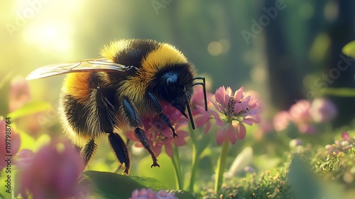 A bumblebee covered in fuzzy yellow and black stripes collecting nectar from a flower 