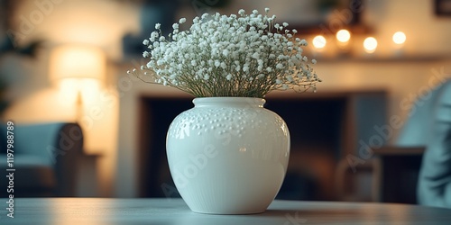 Obraz na płótnie White flowers in vase, cozy living room. Home decor w salonie