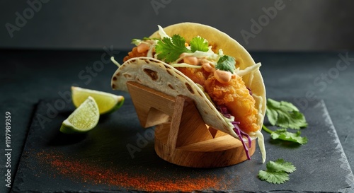 Crispy fish taco garnished with cilantro and lime wedges