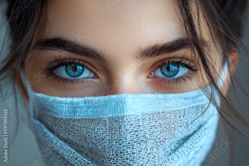 A healthy woman equips herself with a medical protective mask to safeguard against the flu virus outbreak, epidemic, and infectious diseases photo