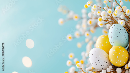 Nest with Easter eggs and blooming spring branches on a soft blue background. Easter celebration and springtime holidays concept. Image for greeting cards, invitations, banners, and postcar photo