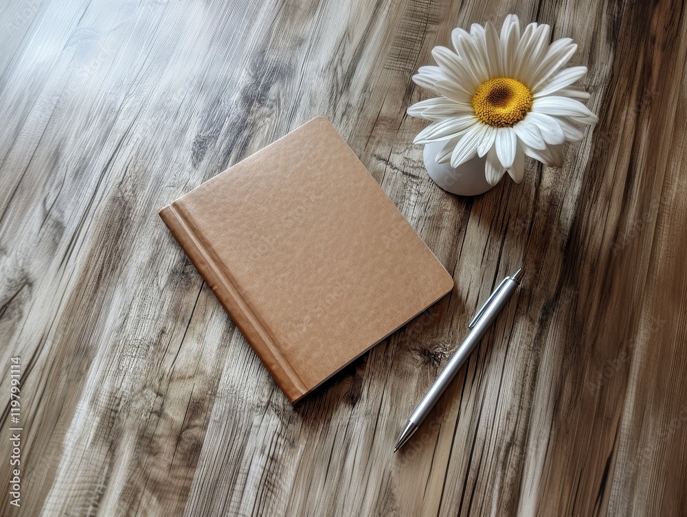 Fototapeta premium Notebook and flower on wooden table create a serene workspace atmosphere during a quiet afternoon. Generative AI
