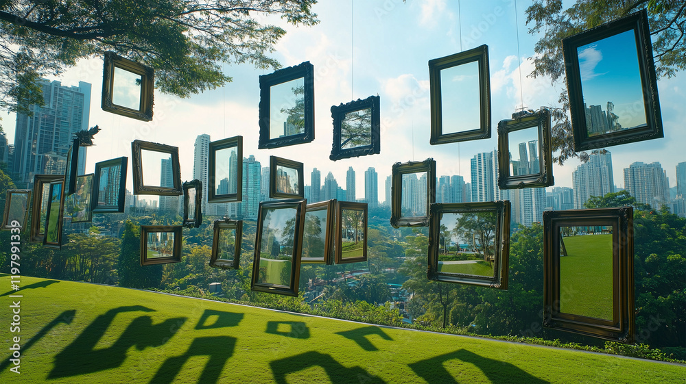 Obraz premium 空中に並ぶ写真フレームが風景を切り取る幻想的な展示