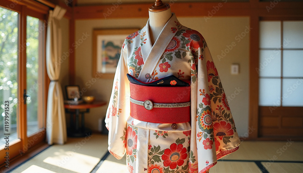 Naklejka premium Intricate wedding kimono displayed in tatami room, cultural elegance