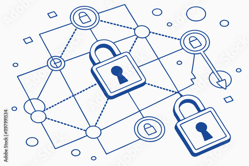 Network security, interconnected locks, digital protection, blue and white minimalist design, cybersecurity concept, abstract network nodes, padlock icons, technological safeguard visualization, clean