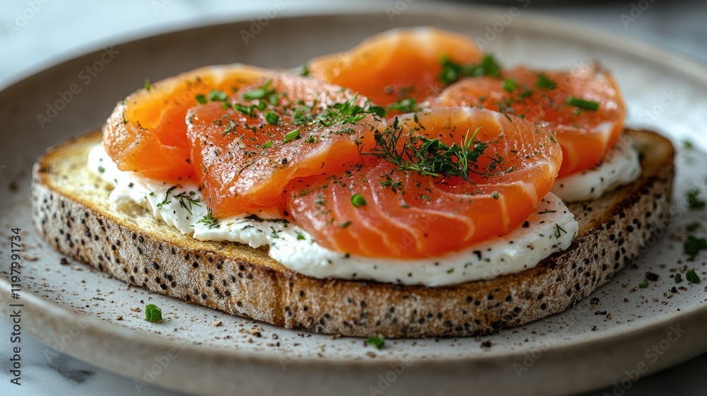A close-up of a delicious, open-faced sandwich featuring fresh smoked salmon, creamy cheese spread, and a garnish of herbs atop brown seeded bread, beautifully displayed on a ceramic plate. A close-up of a delicious, open-faced sandwich featuring fresh smoked salmon, creamy cheese spread, and a garnish of herbs atop brown seeded bread, beautifully displayed on a ceramic plate.