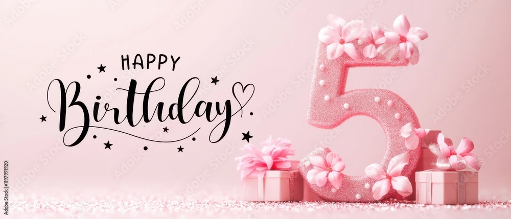 Naklejka premium Happy 5th Birthday Girl: Pink Glitter Number Five with Gifts and Flowers