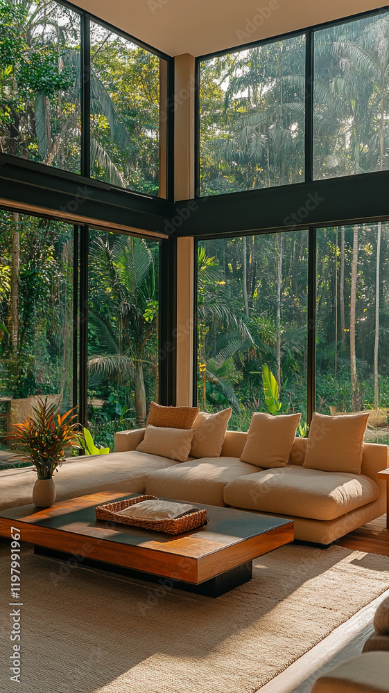 Fototapeta premium modern living room featuring spacious sofa, wooden coffee table, and large windows overlooking lush green landscape. warm sunlight creates cozy atmosphere