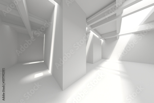 Minimalist architectural interior with sunlight streaming through modern beams. 3d render photo