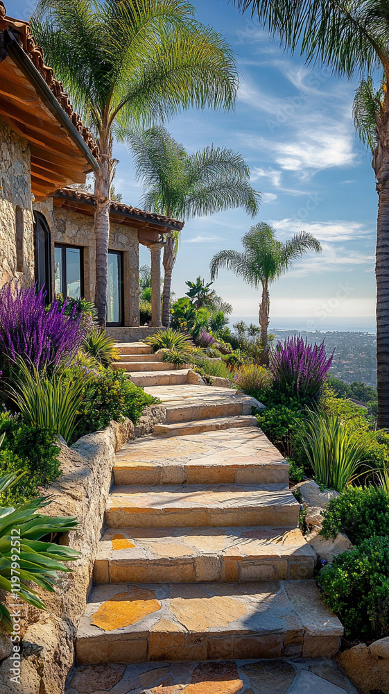 Stunning stone steps lead up to luxury home at San diego coastal cliff surrounded by lush greenery and vibrant flowers, offering breathtaking view of landscape Stunning stone steps lead up to luxury home at San diego coastal cliff surrounded by lush greenery and vibrant flowers, offering breathtaking view of landscape