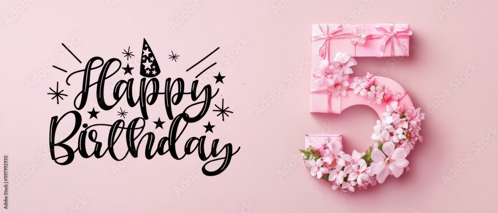 Naklejka premium Happy 5th Birthday Floral Number Five with Pink Gift Boxes and Flowers