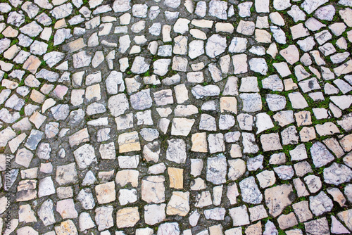 Cobblestone walkway in Lisbon, Portugal, Europe.